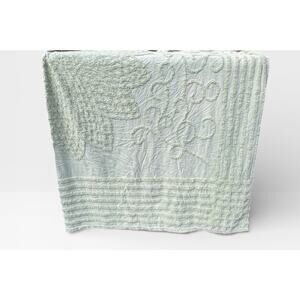 Vtg King Sized Cotton Tufted Bedspread Light Green Fading in Spots 108”x102”